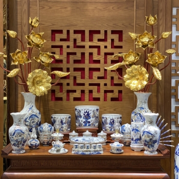 Bộ Đồ Thờ Phú Quý Vàng Kim Men Lam – Vẻ Đẹp Trang Nghiêm, Tụ Lộc Hưng Gia