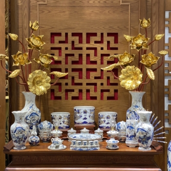 Bộ Đồ Thờ Rồng Vàng Phú Quý – Men Lam Vàng Kim | Tượng Trưng Quyền Uy – Tụ Tài Đắc Lộc