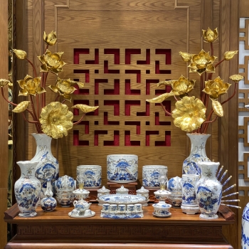 Bộ Đồ Thờ Lộc Phát Sen – Men Lam Vàng Kim | Tụ Lộc - Sinh Phúc - Thịnh Vượng Trường Tồn