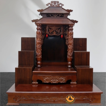 Ban Thờ Thần Tài 8 Mái Cột Rồng Gỗ Xoan Màu Óc Chó