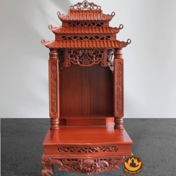 Bàn Thờ Ông Thần Tài Thổ Địa Cổ Tự Mái Ống Trụ Chữ, Gỗ Lát Xoan Nam Phi Màu Cánh Gián