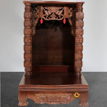 Bàn Thờ Ông Thần Tài Thổ Địa Mái Bằng Cột Chữ, Gỗ Xoan Màu Óc Chó