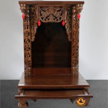Bàn Thờ Ông Thần Tài Thổ Địa Mái Bằng Chân Quỳ, Gỗ Xoan Màu Óc Chó, Có Ngăn Kéo