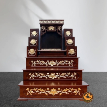Ban Thờ Thần Tài Thổ Địa Mái Bằng Hoa Sen Tam Cấp, Thiết Kế Sang Trọng, Kích Thước 89x114x118cm