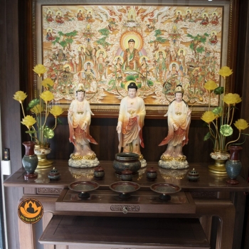 Combo Ban thờ Phật Tây Phương Tam Thánh Đứng mix bộ đồng hoa văn