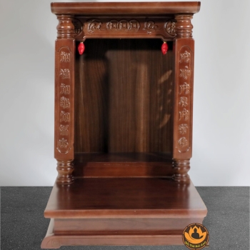 Bàn Thờ Ông Thần Tài Thổ Địa Mái Bằng Trụ Chữ, Gỗ Xoan Màu Óc Chó