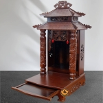 Bàn Thờ Ông Thần Tài Thổ Địa Cổ Tự Song Long 8 Mái , Gỗ Xoan Màu Óc Chó