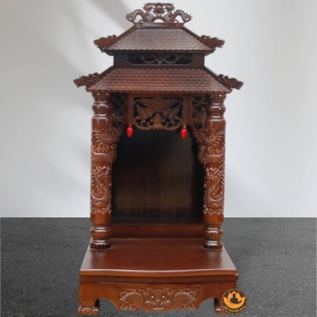 Bàn Thờ Ông Thần Tài Thổ Địa Cổ Tự Song Long 8 Mái , Gỗ Xoan Màu Óc Chó