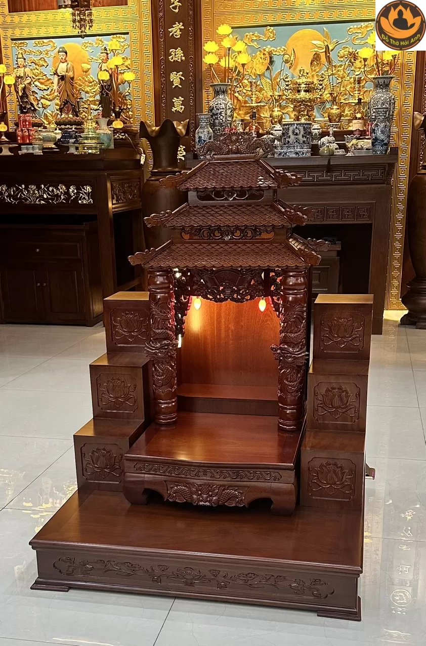 Combo Ban Thờ Thần Tài 12 Mái Cột Rồng Gỗ Lát Màu Cánh Dán