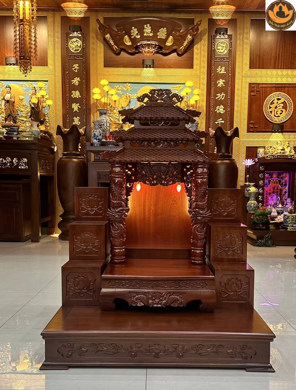 Combo Ban Thờ Thần Tài 12 Mái Cột Rồng Gỗ Lát Màu Cánh Dán