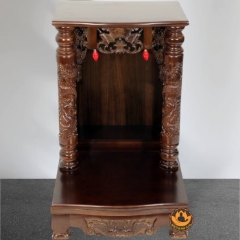 Bàn Thờ Ông Thần Tài Thổ Địa Mái Bằng Song Long, Gỗ Xoan Màu Óc Chó