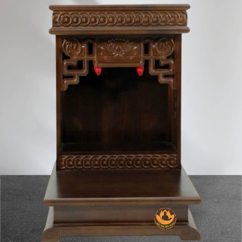 Bàn Thờ Ông Thần Tài Thổ Địa Mái Bằng Hoa Sen, Gỗ Xoan Màu Óc Chó, Có Ngăn Kéo
