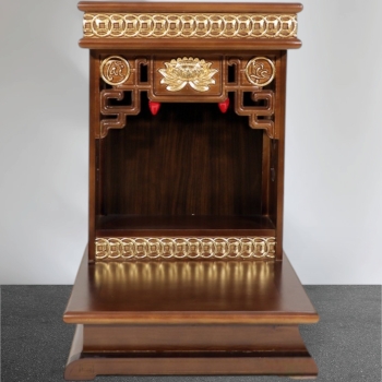 Bàn Thờ Ông Thần Tài Thổ Địa Mái Bằng Hoa Sen, Gỗ Xoan Màu Óc Chó Dát Vàng