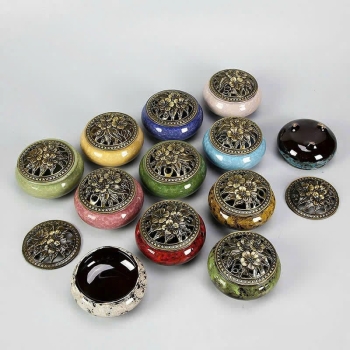 Lư Xông Trầm Gốm Nắp Đồng Hoa Văn Cao Cấp