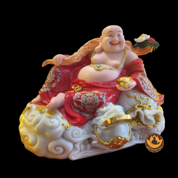 Tượng Di Lặc Đá ngồi Gấm Màu Hồng