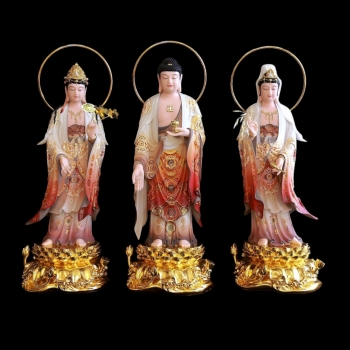 Bộ Tây Phương Tam Thánh Đứng Đài Sen Bằng Bột Đá Thạch Anh Vẽ Gấm, Dát Vàng