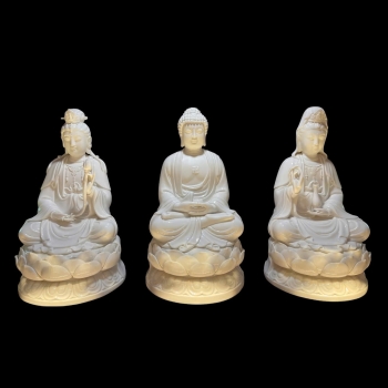 Tượng Tây Phương Tam Thánh ngồi Sứ Đức hóa tọa Đài sen - Trắng 14 inch