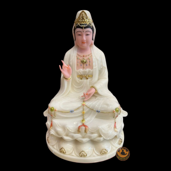 Tượng Quan Âm Ngồi Đế Sen Đá Trắng Viền Tua 12''