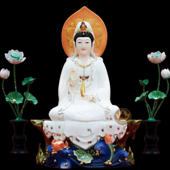 Tượng Quan Âm Sứ Đức Hóa ngồi, Cam Xanh H24-17D