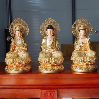 Tượng Tây Phương Tam Thánh ngồi đá Thạch Anh Dát Vàng 16 inch (Bộ 3)