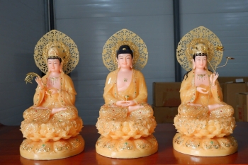 Tượng Tây Phương Tam Thánh Tọa Đài Sen Đá Thạch Anh Vàng - Lá Đề Nhọn 16 inch