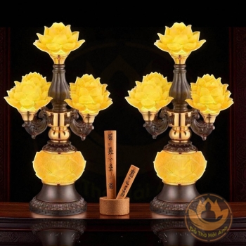 Đèn Thờ Hoa Sen Thủy Tinh Lưu Ly 5 Bông – Bền Đẹp, Ánh Sáng Lung Linh