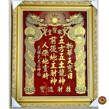 Bài Vị Ông Thần Tài Thổ Địa không tráng gương kích đỏ - Nhũ vàng Kim Sa liễn Thần Tài