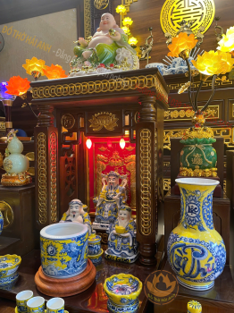 Combo ban thờ thần tài Gỗ gọ cột xu dát vàng có bóng