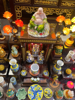 Bộ Ban Thờ Thần Tài Gỗ Gõ Cột Xu Dát Vàng Cao Cấp Chuẩn Phong Thủy