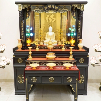 Ban thờ gỗ cẩm chạm hoa sen màu óc chó vẽ vàng khắc kinh Phật