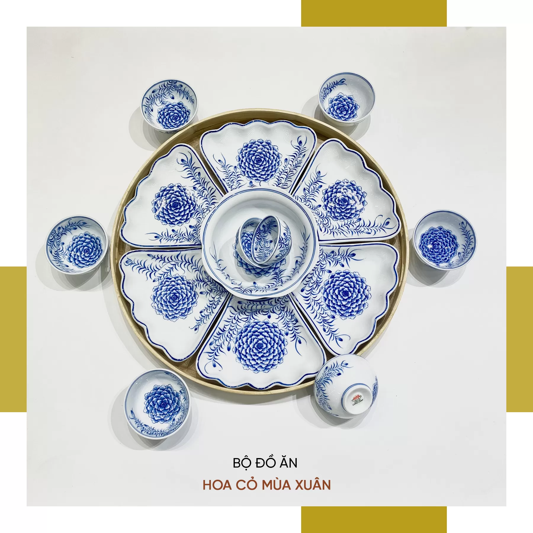 Bộ đồ ăn Hoa Cỏ Mùa Xuân vẽ tay men lam