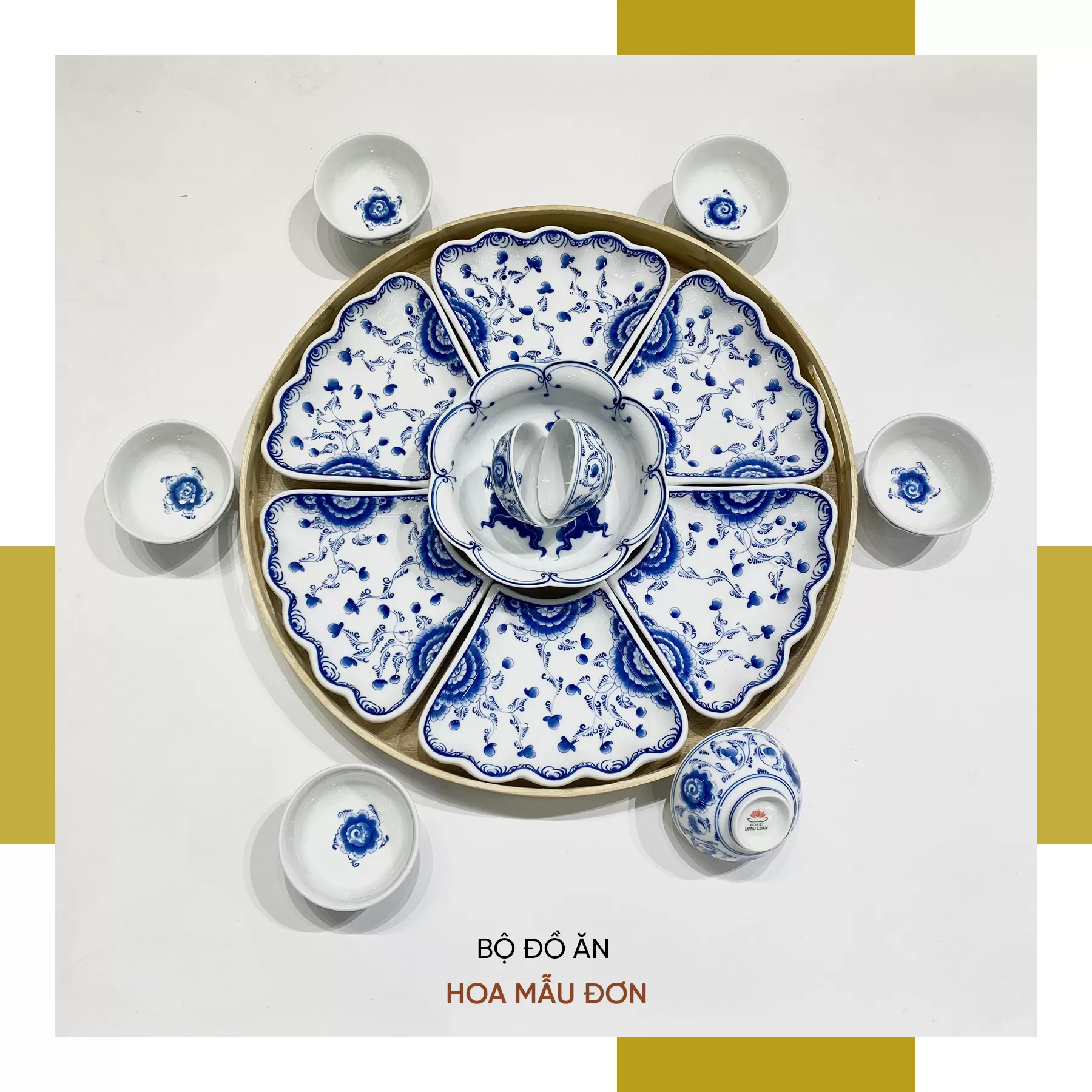 Bộ đồ ăn hoa mẫu đơn men lam cao cấp