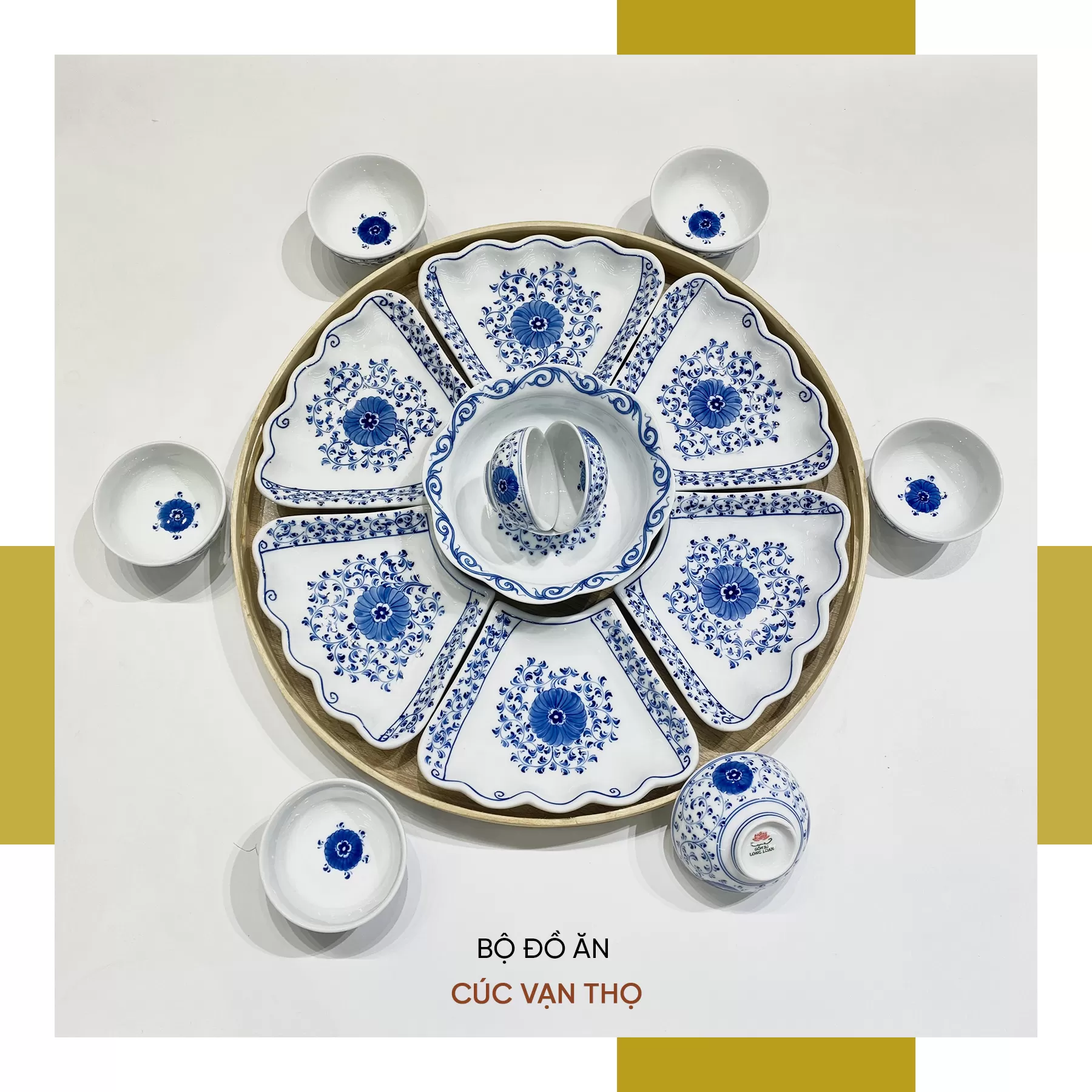 Bộ Đồ Ăn Cúc Vạn Thọ Vẽ Tay Men lam