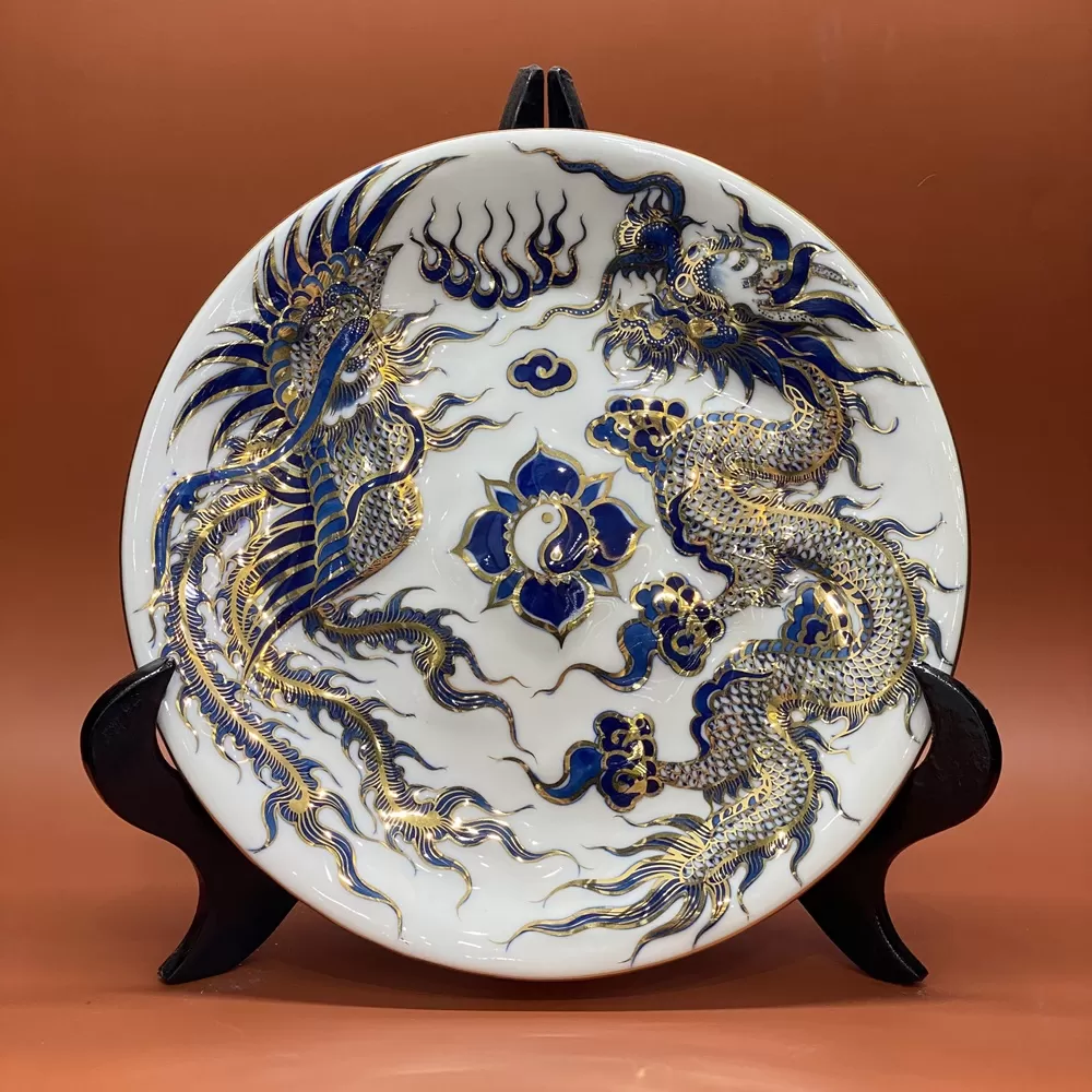 Mâm Bồng Rồng Phượng Nổi Men Lam Vàng Kim