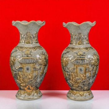 Lọ Lượn Miệng Rồng Men Rạn Vẽ Vàng