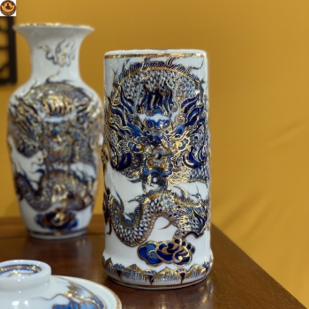 Ống Hương Rồng Nổi Men Lam Vẽ Vàng Kim