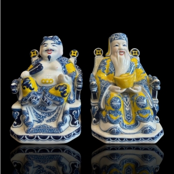 Tượng Tài Địa Gốm sứ men Lam , Kim Ngân Bảo , Phú Qúy Báu ,  Bát Tràng .